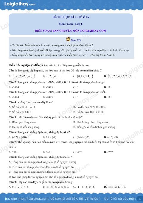 Đề thi học kì 1 Toán 6 - Đề số 16
